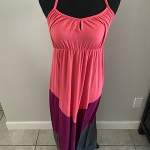 Pink, purple, and gray maxi dress.